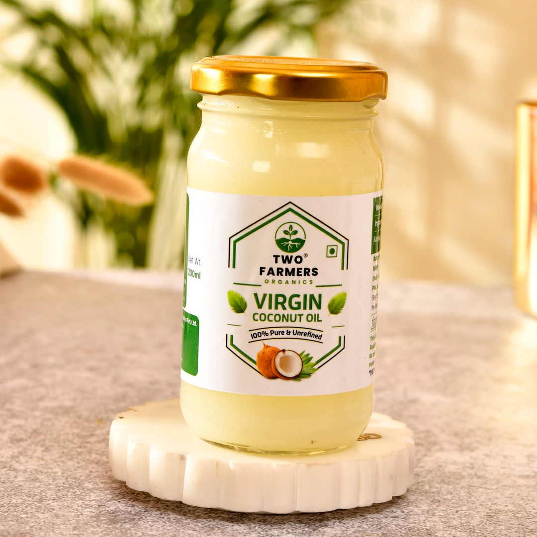 Two Farmers Organics Virgin Coconut Oil, 100% Pure Unrefined, Wood Pressed, 200 ml (Glass Bottle)