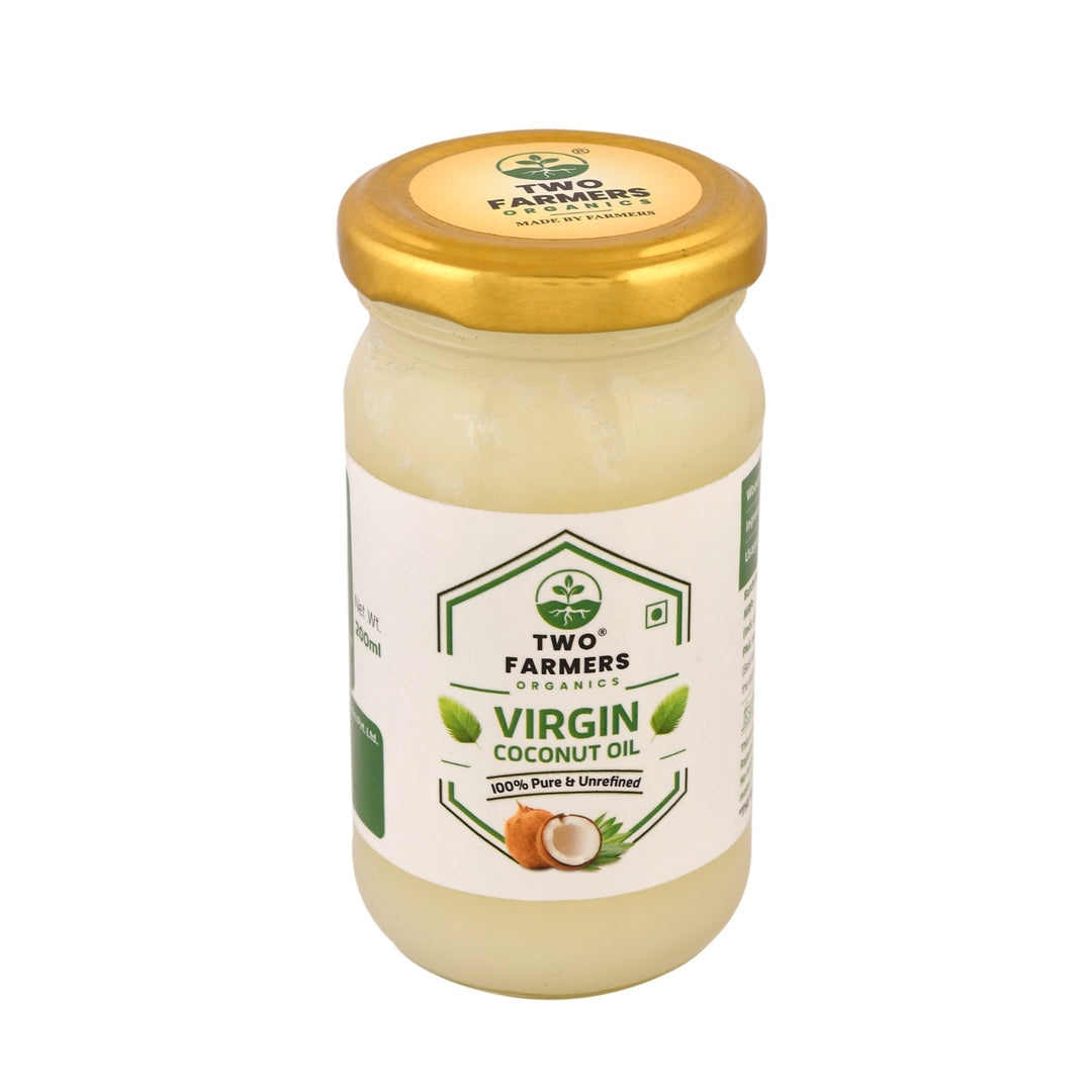 Two Farmers Organics Virgin Coconut Oil, 100% Pure Unrefined, Wood Pressed, 200 ml (Glass Bottle)