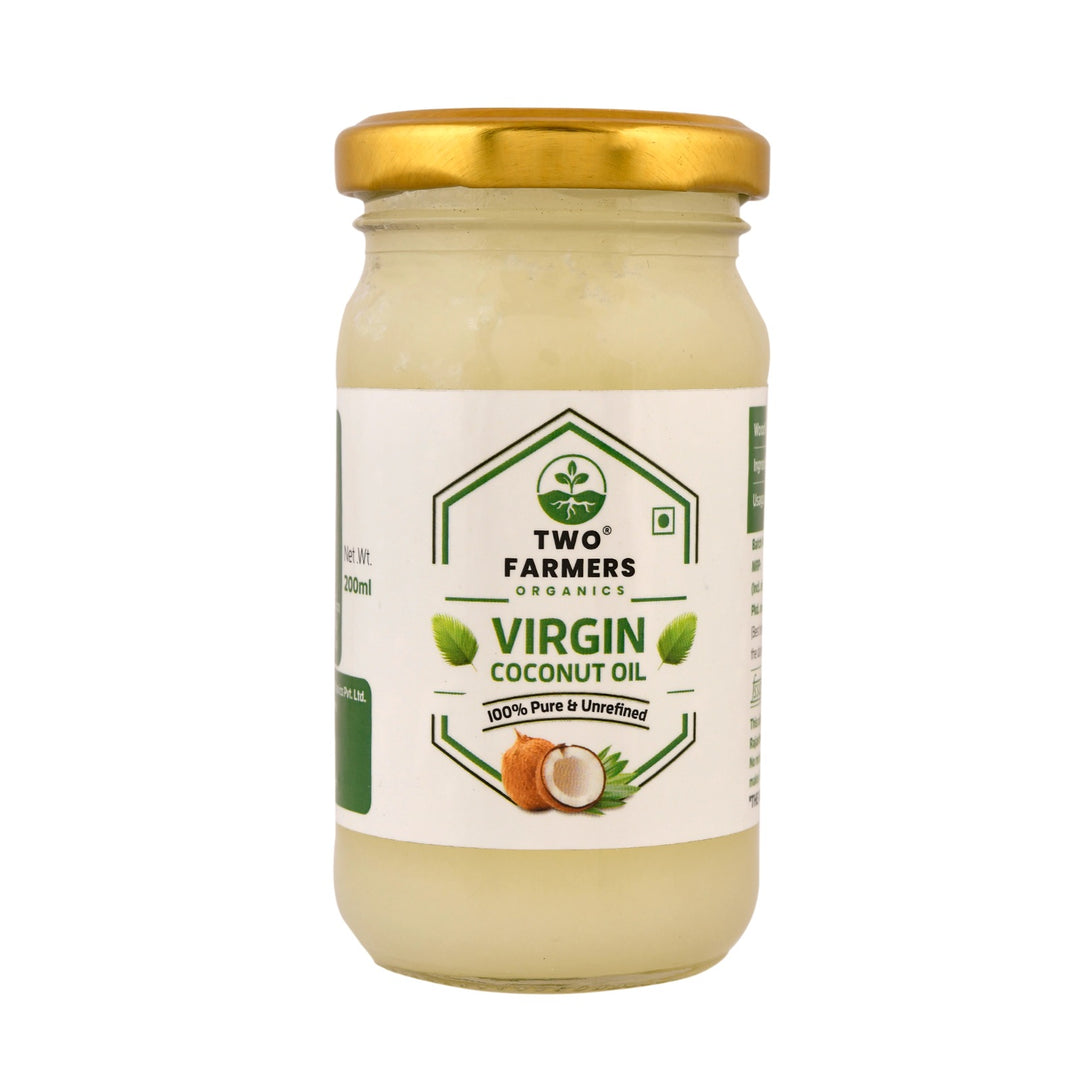 Two Farmers Organics Virgin Coconut Oil, 100% Pure Unrefined, Wood Pressed, 200 ml (Glass Bottle)